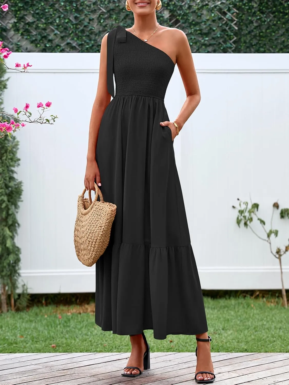PRETTYGARDEN Womens One Shoulder Summer Maxi Dress Smocked Flowy Boho Beach Long Sundress Sleeveless Wedding Guest Dresses