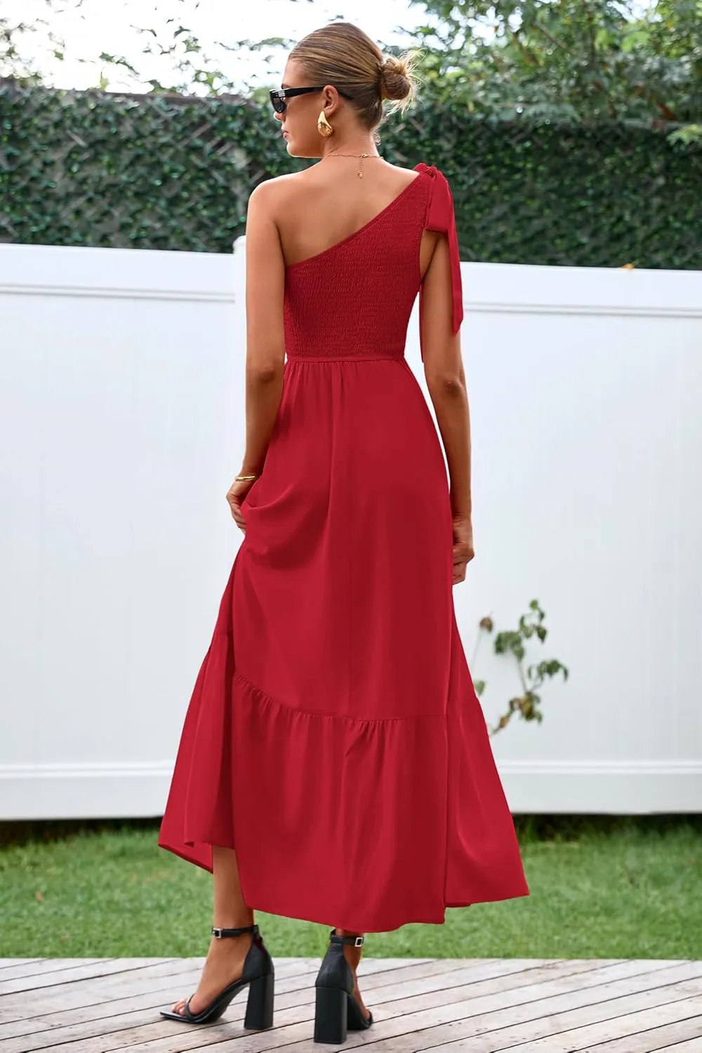 PRETTYGARDEN Womens One Shoulder Summer Maxi Dress Smocked Flowy Boho Beach Long Sundress Sleeveless Wedding Guest Dresses