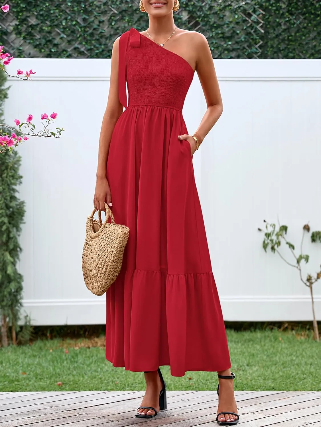 PRETTYGARDEN Womens One Shoulder Summer Maxi Dress Smocked Flowy Boho Beach Long Sundress Sleeveless Wedding Guest Dresses