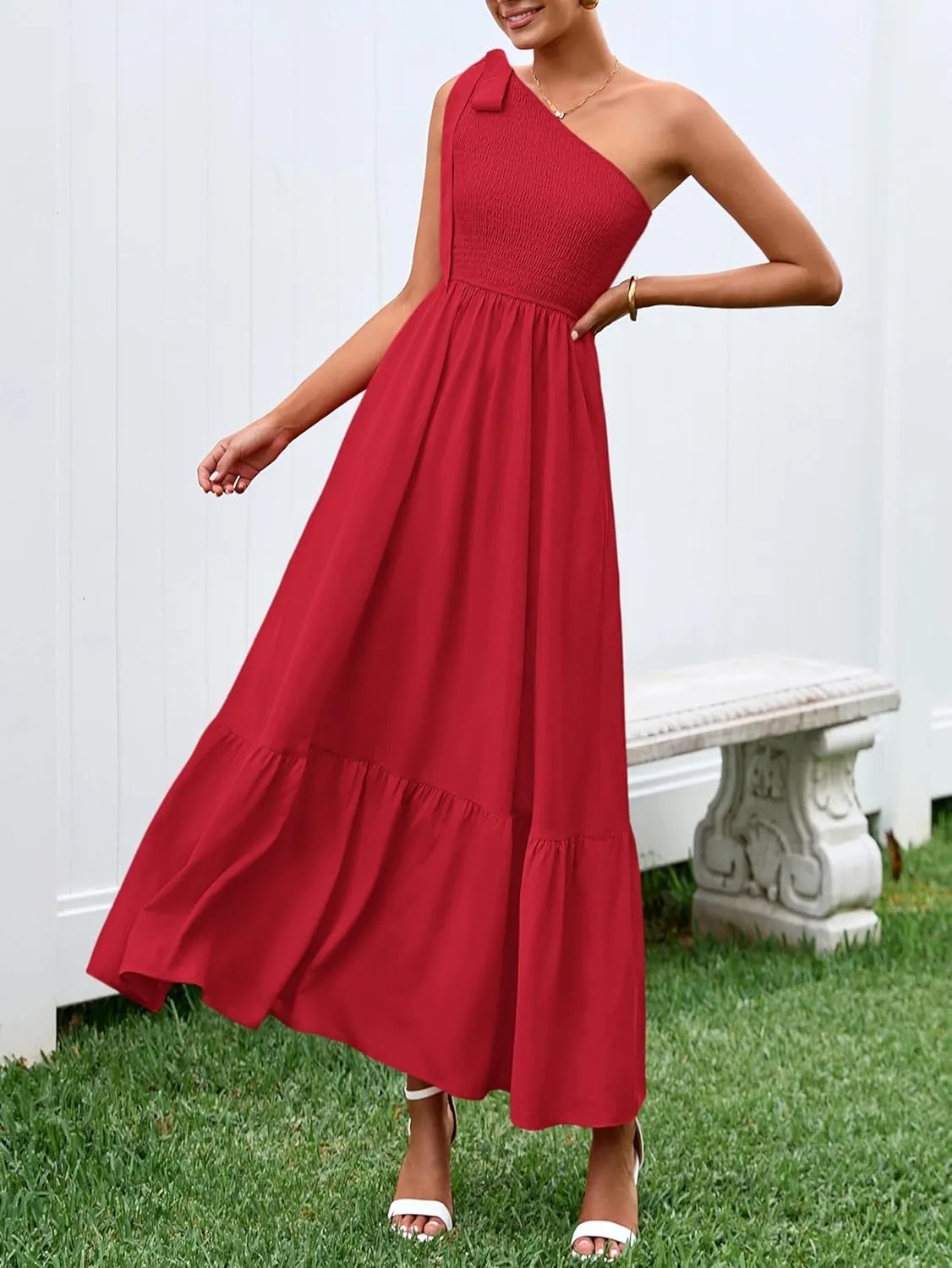 PRETTYGARDEN Womens One Shoulder Summer Maxi Dress Smocked Flowy Boho Beach Long Sundress Sleeveless Wedding Guest Dresses