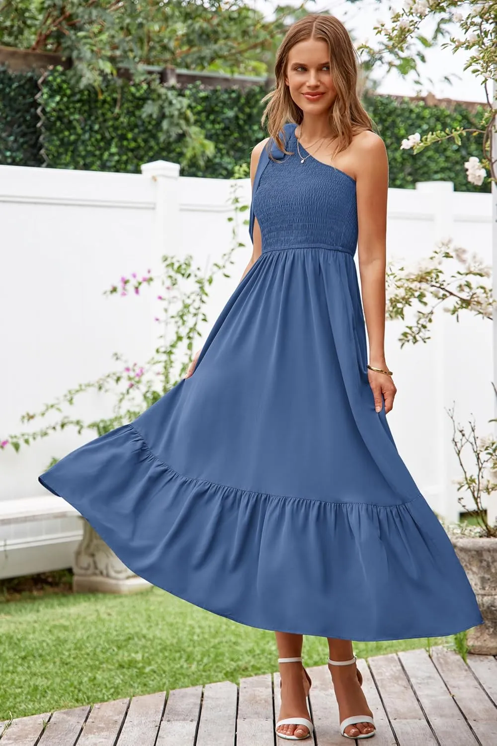 PRETTYGARDEN Womens One Shoulder Summer Maxi Dress Smocked Flowy Boho Beach Long Sundress Sleeveless Wedding Guest Dresses