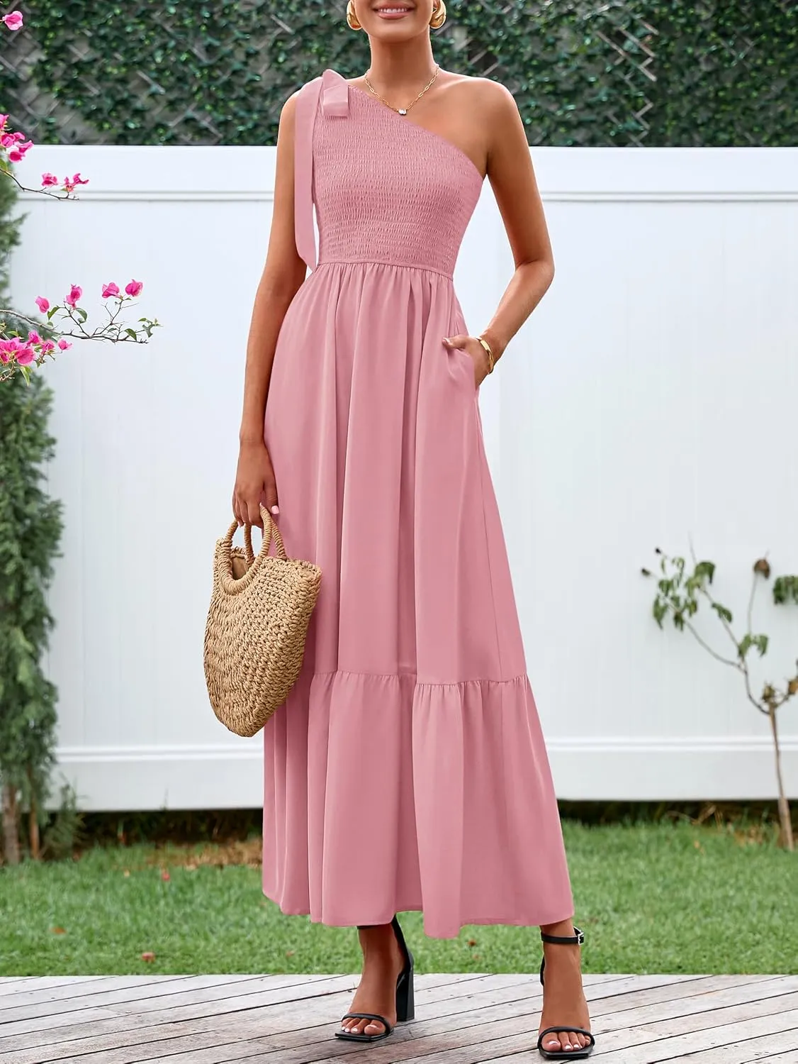 PRETTYGARDEN Womens One Shoulder Summer Maxi Dress Smocked Flowy Boho Beach Long Sundress Sleeveless Wedding Guest Dresses