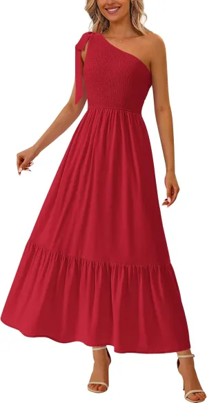 PRETTYGARDEN Womens One Shoulder Summer Maxi Dress Smocked Flowy Boho Beach Long Sundress Sleeveless Wedding Guest Dresses