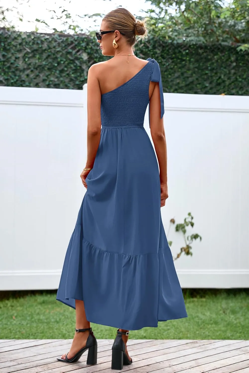 PRETTYGARDEN Womens One Shoulder Summer Maxi Dress Smocked Flowy Boho Beach Long Sundress Sleeveless Wedding Guest Dresses