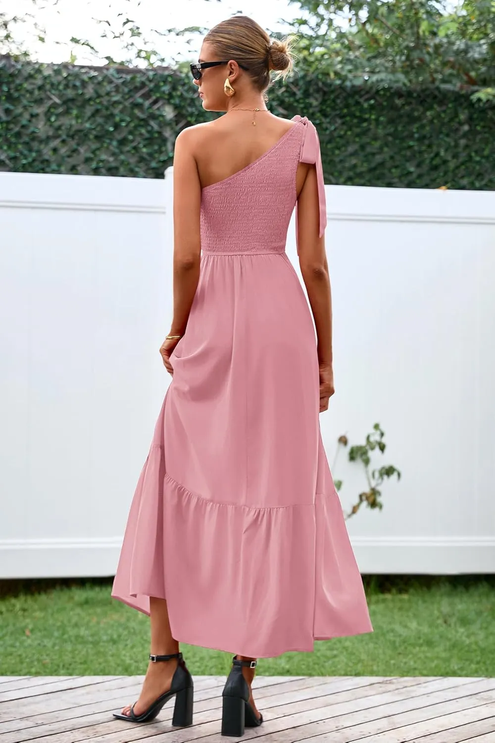 PRETTYGARDEN Womens One Shoulder Summer Maxi Dress Smocked Flowy Boho Beach Long Sundress Sleeveless Wedding Guest Dresses