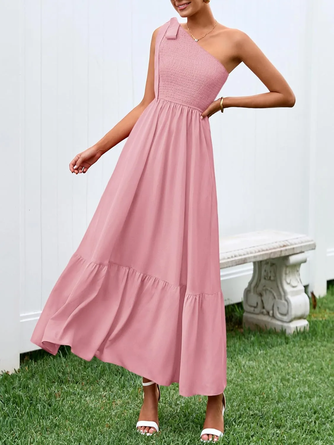 PRETTYGARDEN Womens One Shoulder Summer Maxi Dress Smocked Flowy Boho Beach Long Sundress Sleeveless Wedding Guest Dresses