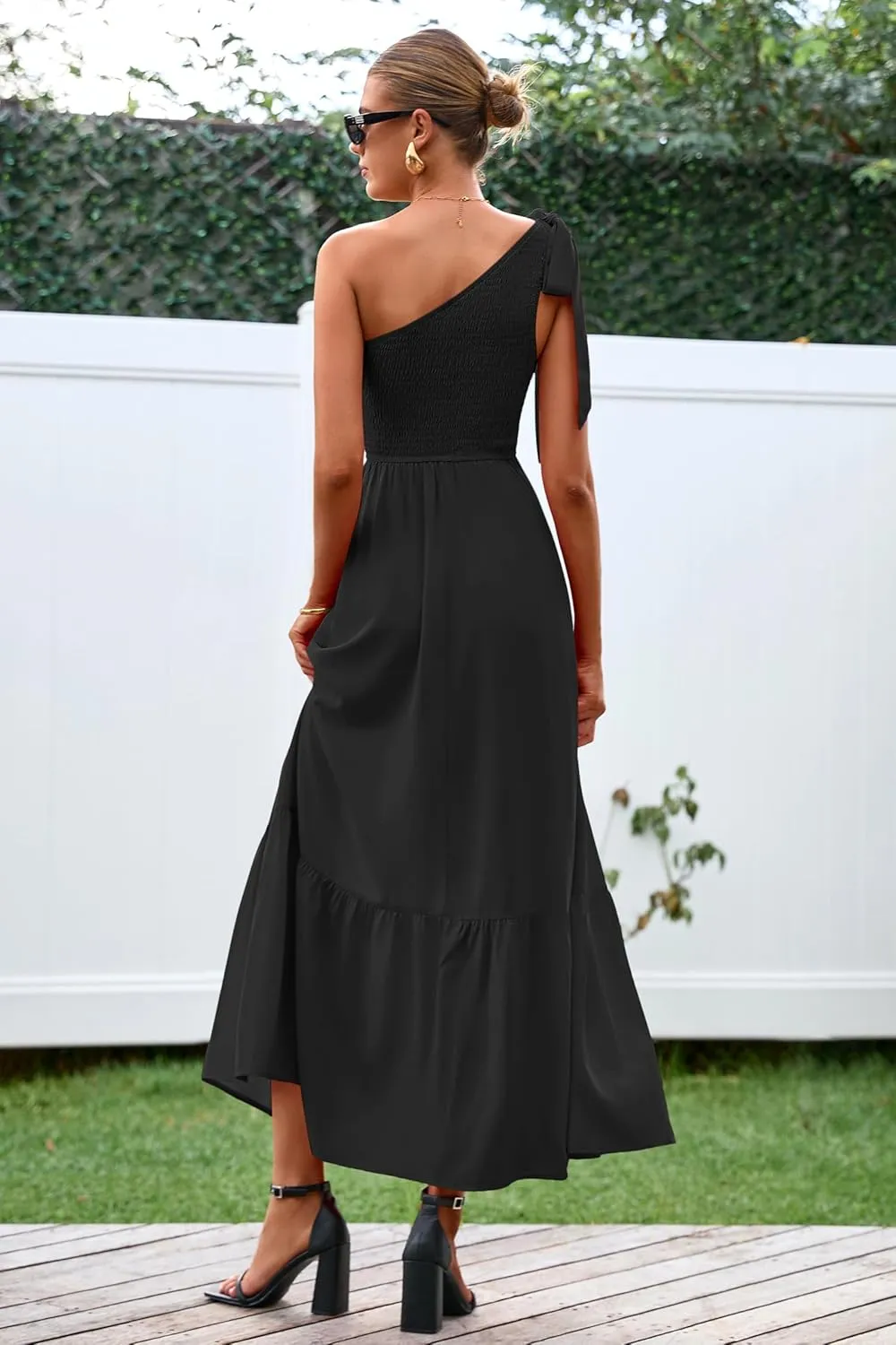 PRETTYGARDEN Womens One Shoulder Summer Maxi Dress Smocked Flowy Boho Beach Long Sundress Sleeveless Wedding Guest Dresses