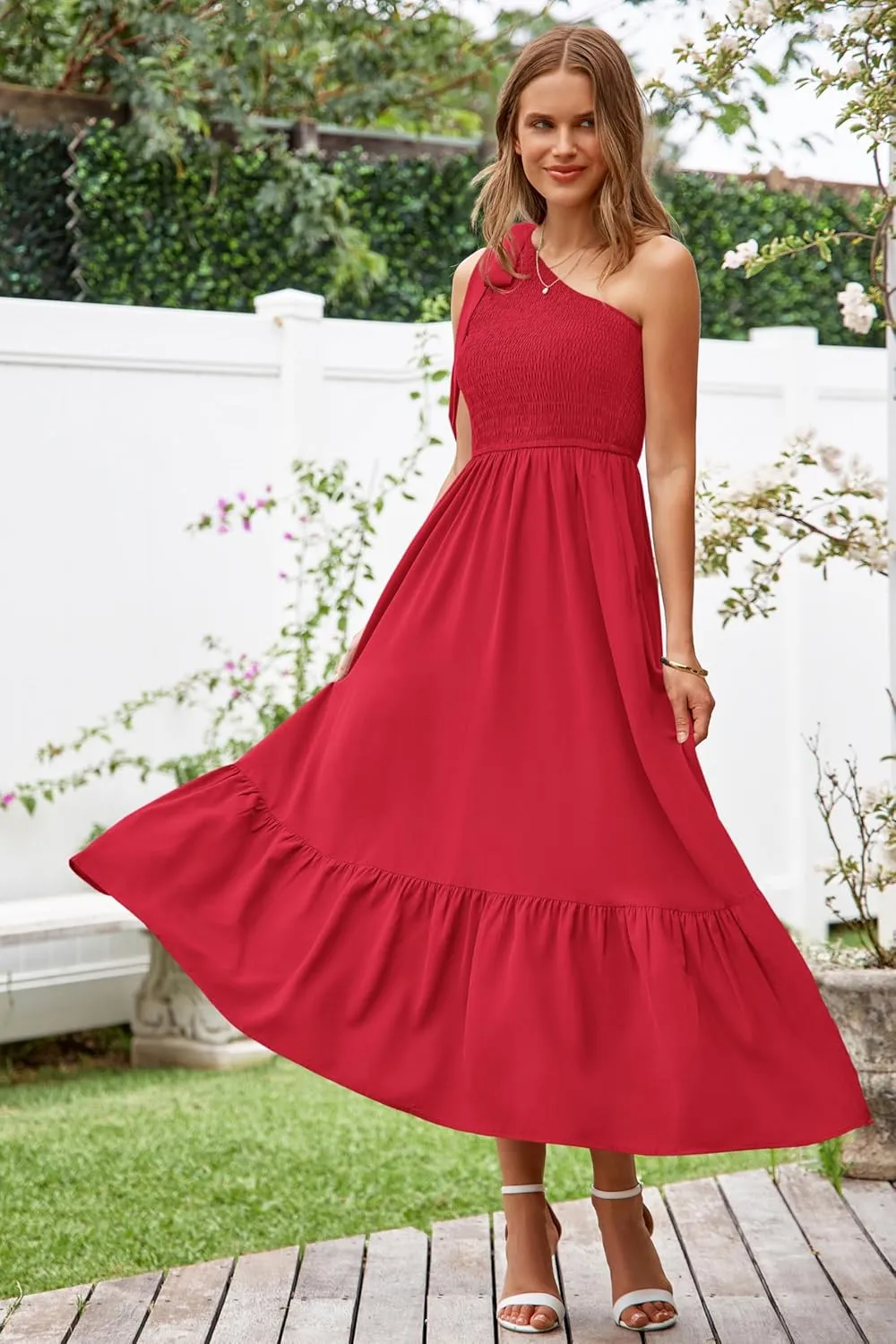 PRETTYGARDEN Womens One Shoulder Summer Maxi Dress Smocked Flowy Boho Beach Long Sundress Sleeveless Wedding Guest Dresses
