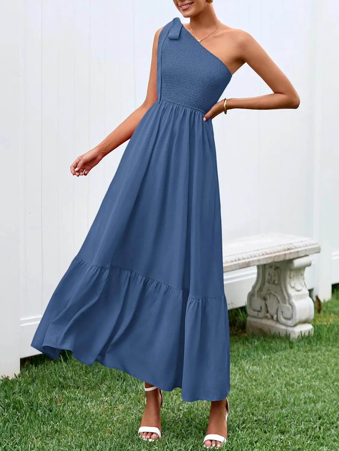 PRETTYGARDEN Womens One Shoulder Summer Maxi Dress Smocked Flowy Boho Beach Long Sundress Sleeveless Wedding Guest Dresses