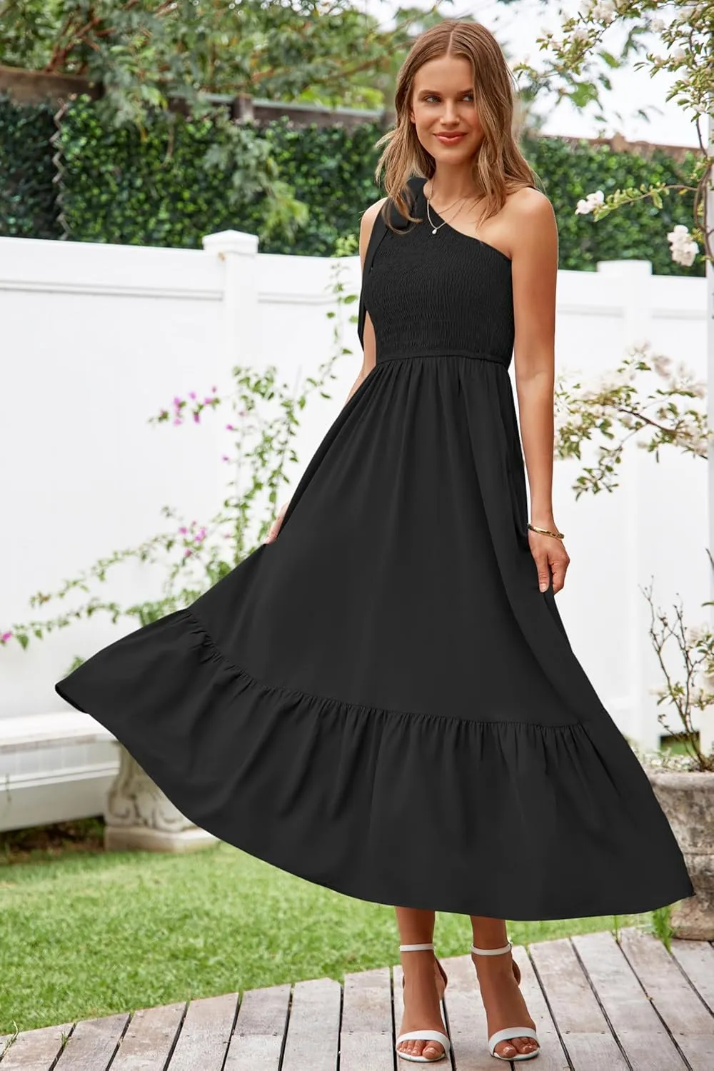 PRETTYGARDEN Womens One Shoulder Summer Maxi Dress Smocked Flowy Boho Beach Long Sundress Sleeveless Wedding Guest Dresses