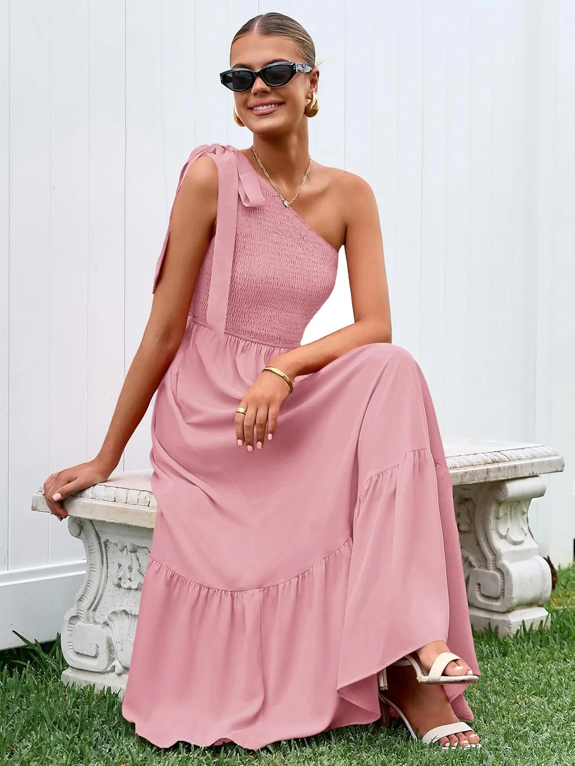 PRETTYGARDEN Womens One Shoulder Summer Maxi Dress Smocked Flowy Boho Beach Long Sundress Sleeveless Wedding Guest Dresses
