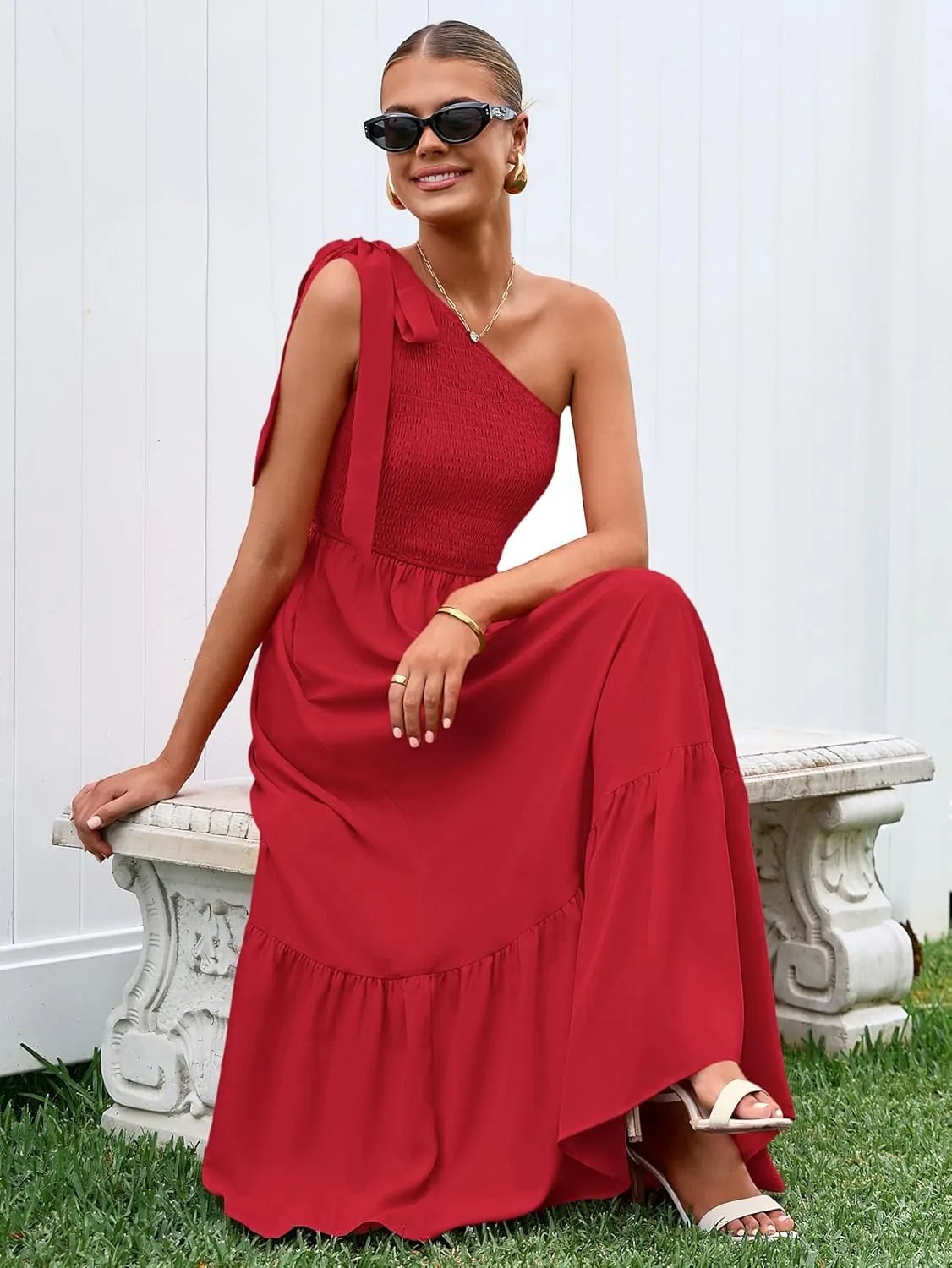 PRETTYGARDEN Womens One Shoulder Summer Maxi Dress Smocked Flowy Boho Beach Long Sundress Sleeveless Wedding Guest Dresses