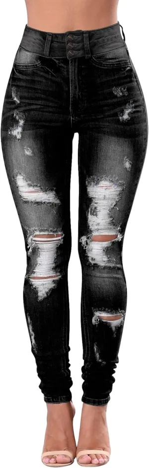 Qazel Vorrlon Women's High Waisted Jeans for Women Ripped Skinny Stretch Distressed Jeans High Rise Butt Lifting Demin Pants