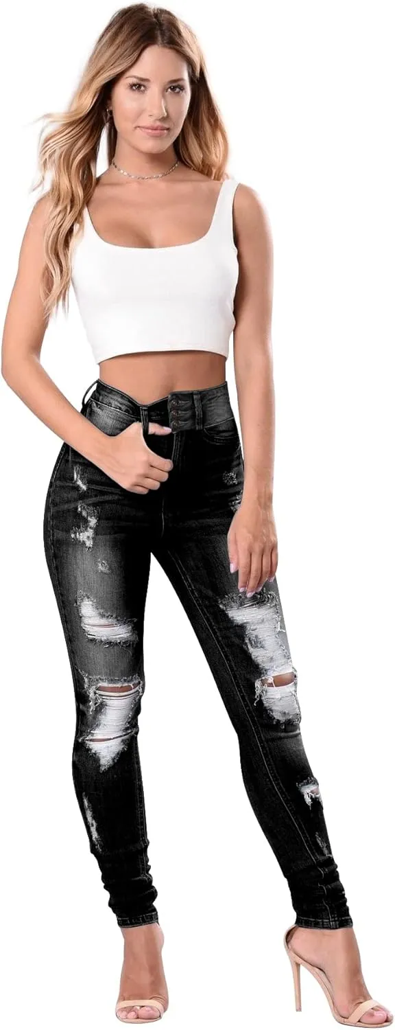 Qazel Vorrlon Women's High Waisted Jeans for Women Ripped Skinny Stretch Distressed Jeans High Rise Butt Lifting Demin Pants