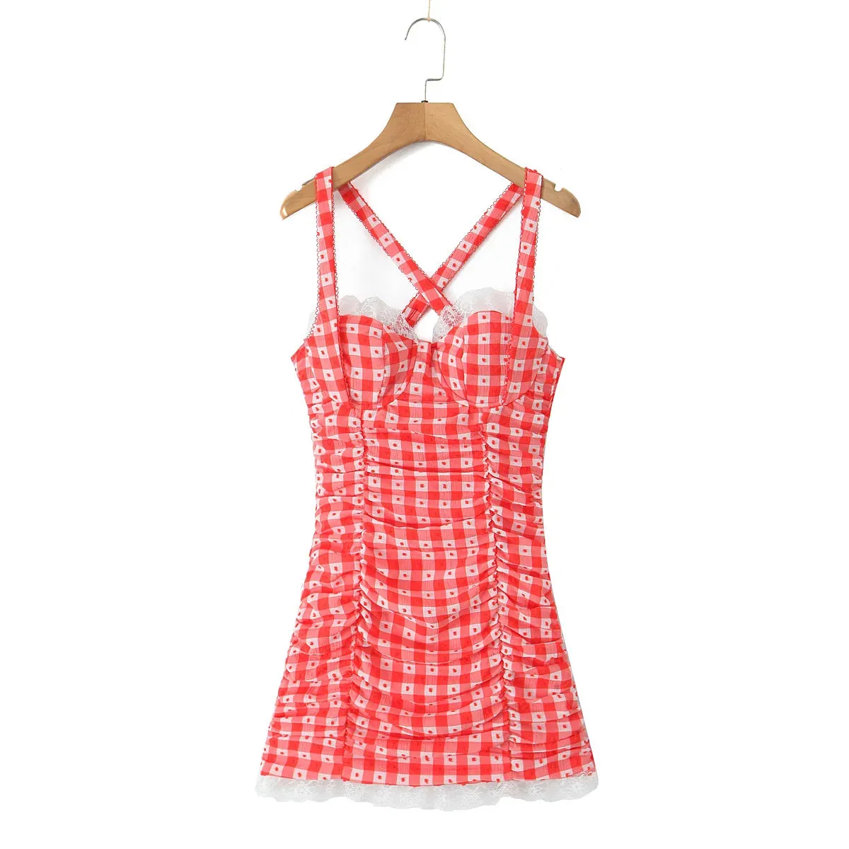 Red Plaid Plaid Dot Ruched Mini Dress