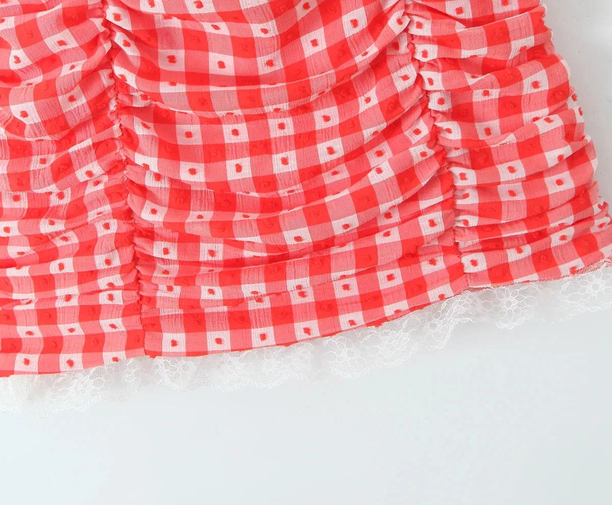 Red Plaid Plaid Dot Ruched Mini Dress