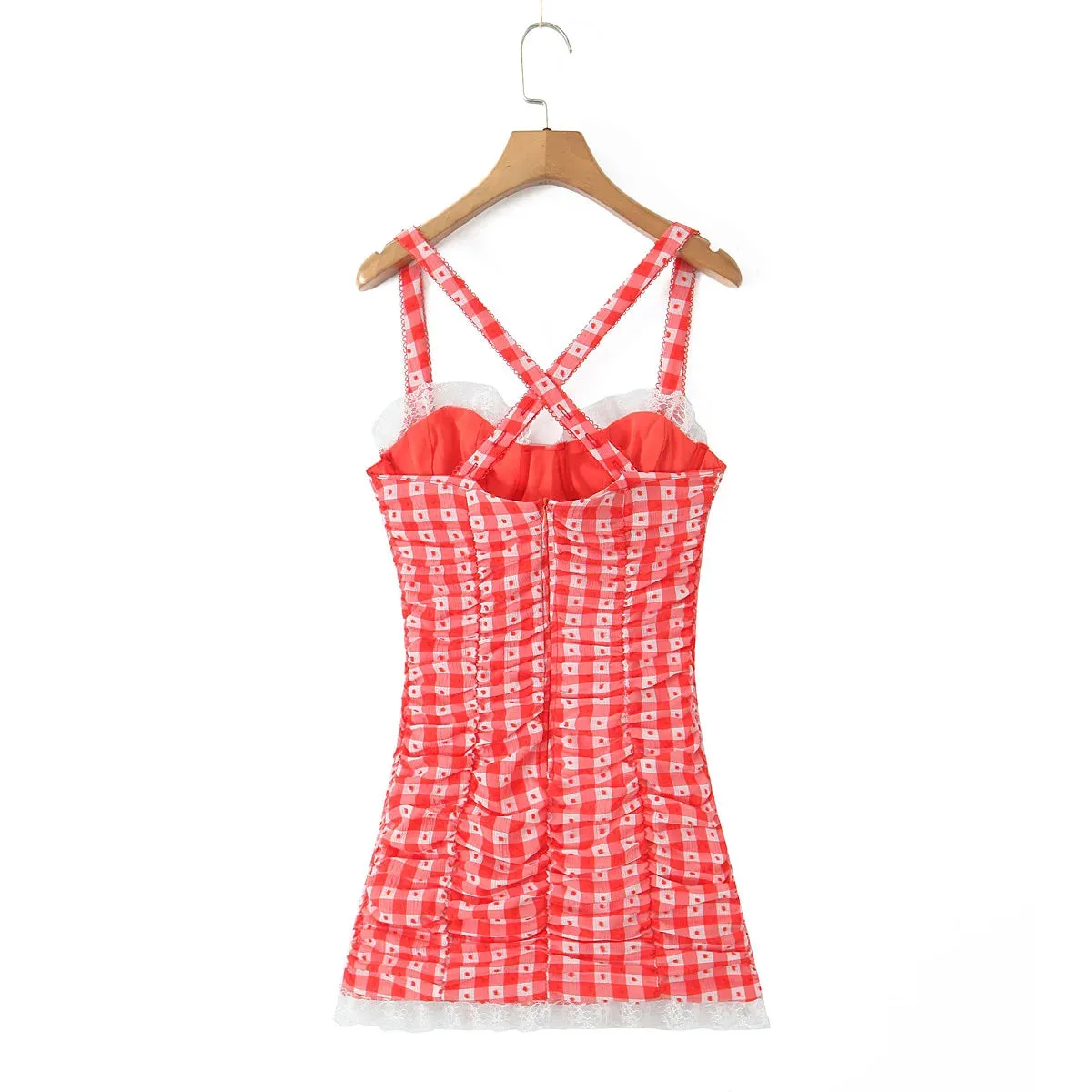 Red Plaid Plaid Dot Ruched Mini Dress