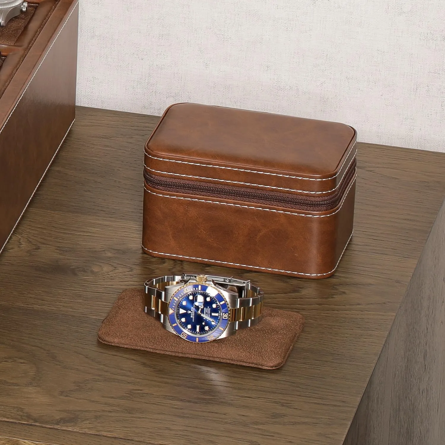 ROTHWELL 2 Watch Travel Case for Men | Compact PU Leather Protective Box with Microsuede Interior | Fits Watches & Smartwatches Up to 55mm (Tan/Brown)