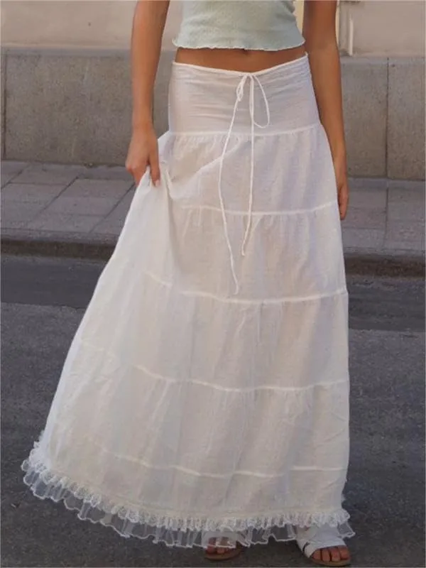 Sastianaen Women Y2k Ruffle Maxi Skirt Vintage Flowy A Line Tiered Long Skirt Boho High Waist Skirt Going Out Beachwear