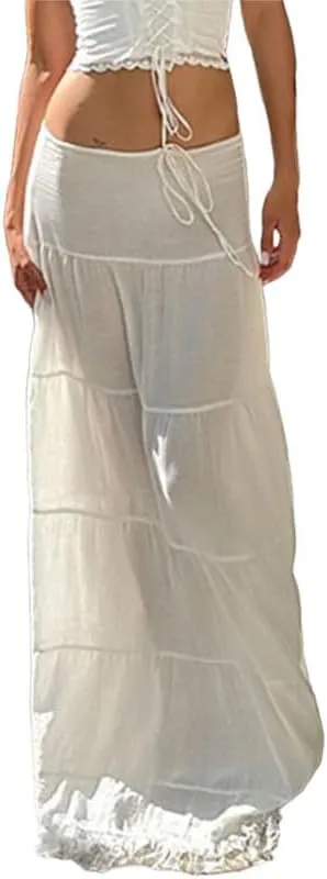 Sastianaen Women Y2k Ruffle Maxi Skirt Vintage Flowy A Line Tiered Long Skirt Boho High Waist Skirt Going Out Beachwear
