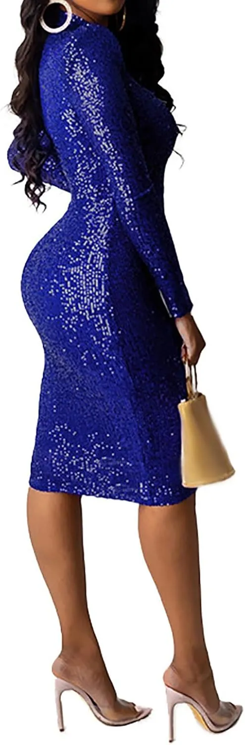 Sequin Dress for Women High Neck Long Sleeve Sparkle Mini Dress Sparkly Party Club Bodycon Slim Cocktail Dresses