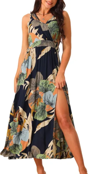 Seta T Women's Summer Boho Maxi Dresses V Neck Sleeveless Floral Flowy Split Hem Belted Casual Sundress