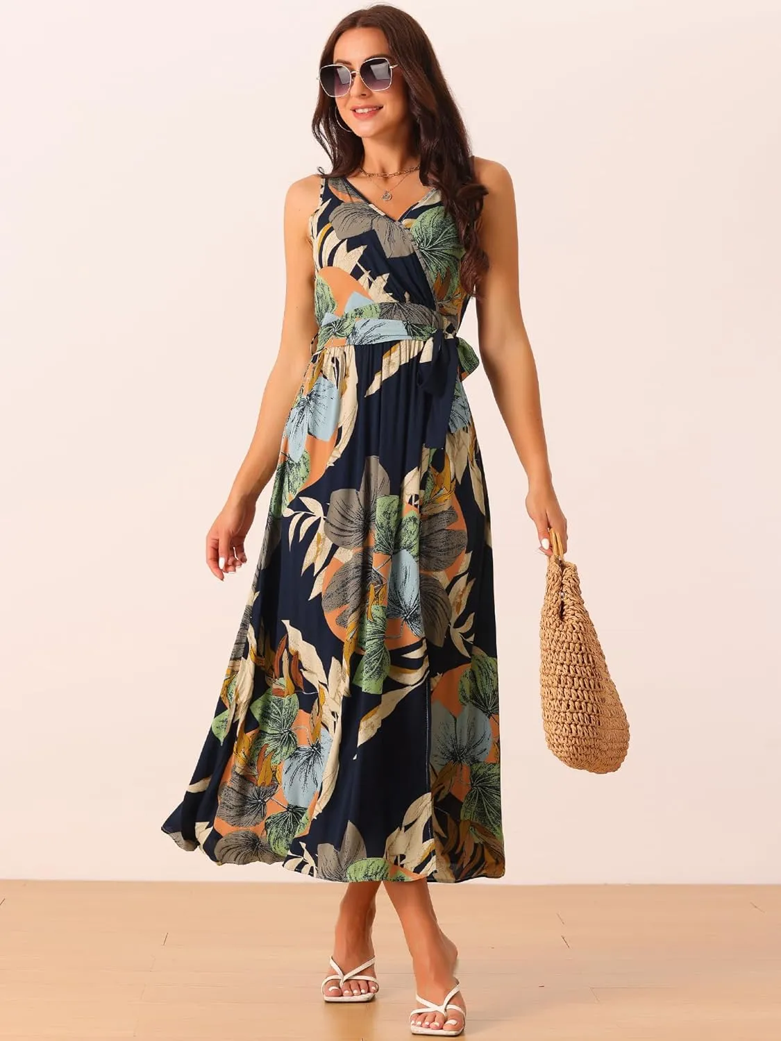 Seta T Women's Summer Boho Maxi Dresses V Neck Sleeveless Floral Flowy Split Hem Belted Casual Sundress