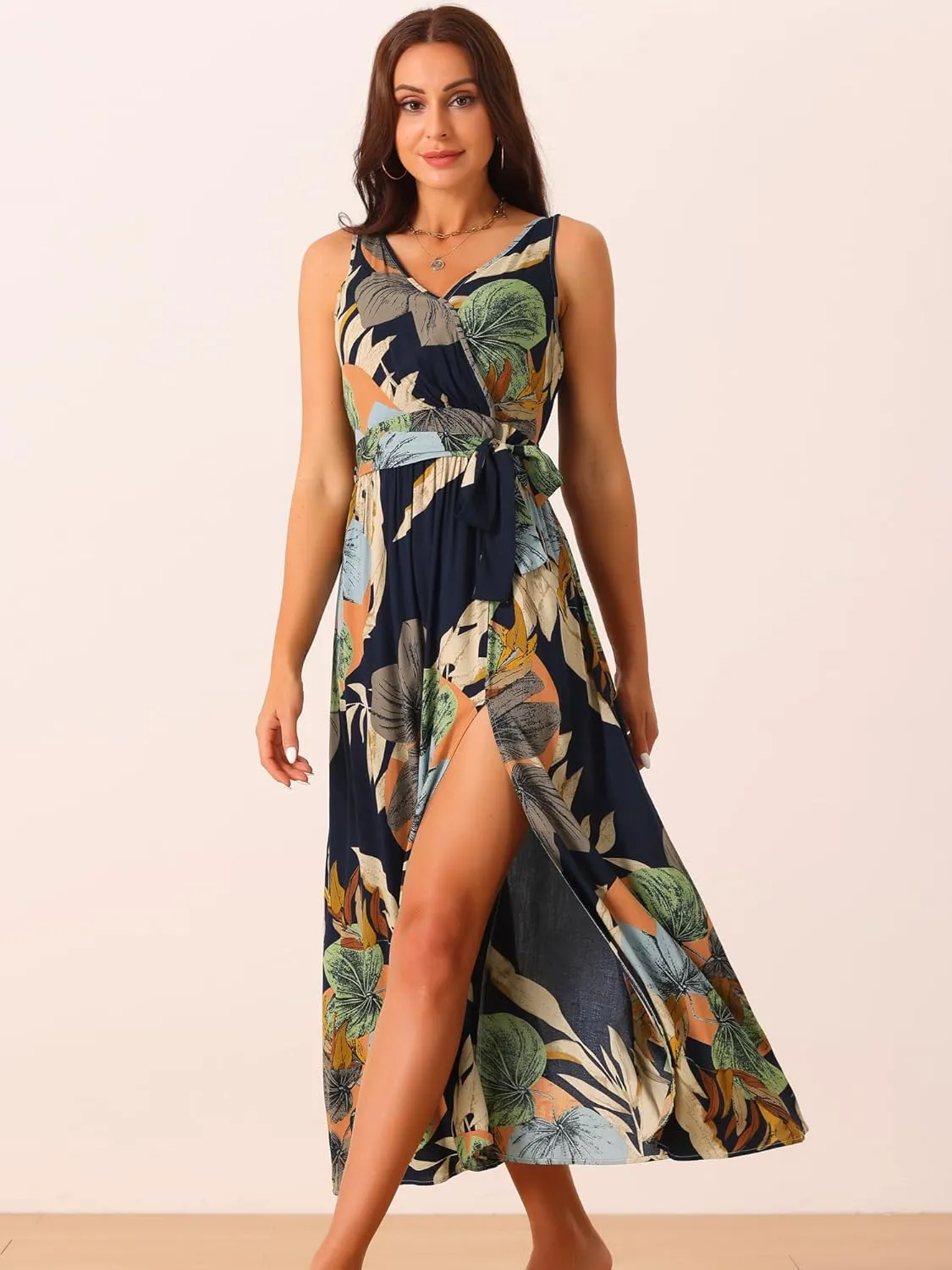 Seta T Women's Summer Boho Maxi Dresses V Neck Sleeveless Floral Flowy Split Hem Belted Casual Sundress