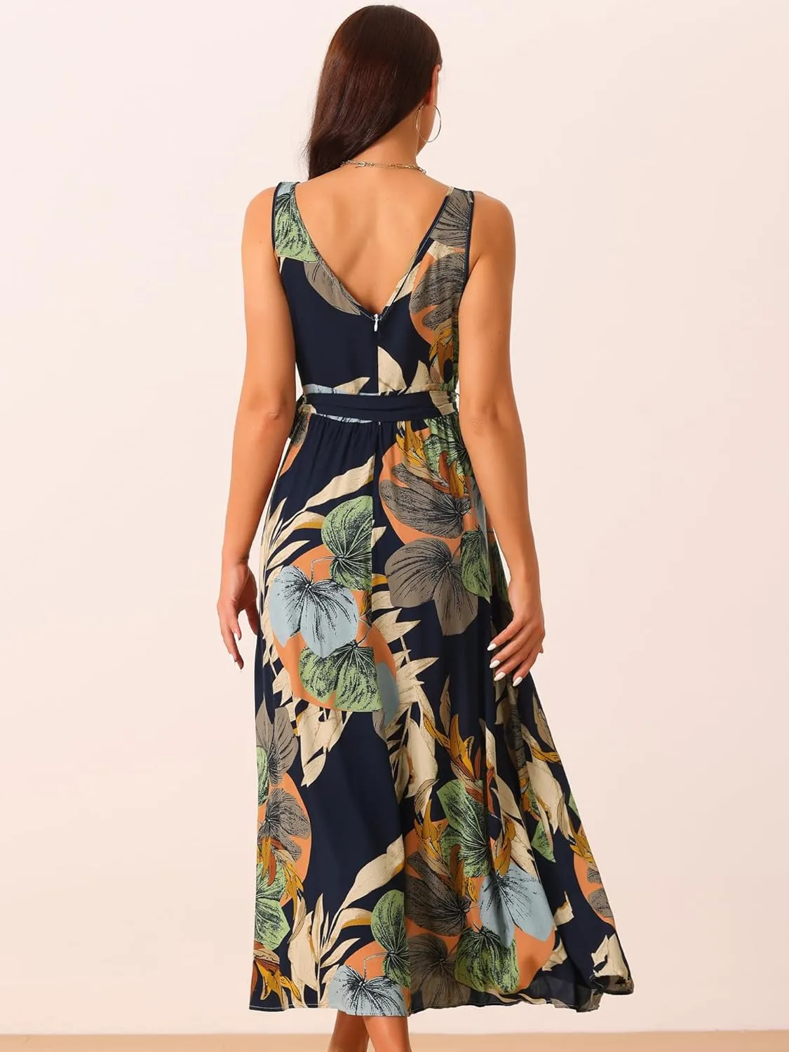 Seta T Women's Summer Boho Maxi Dresses V Neck Sleeveless Floral Flowy Split Hem Belted Casual Sundress