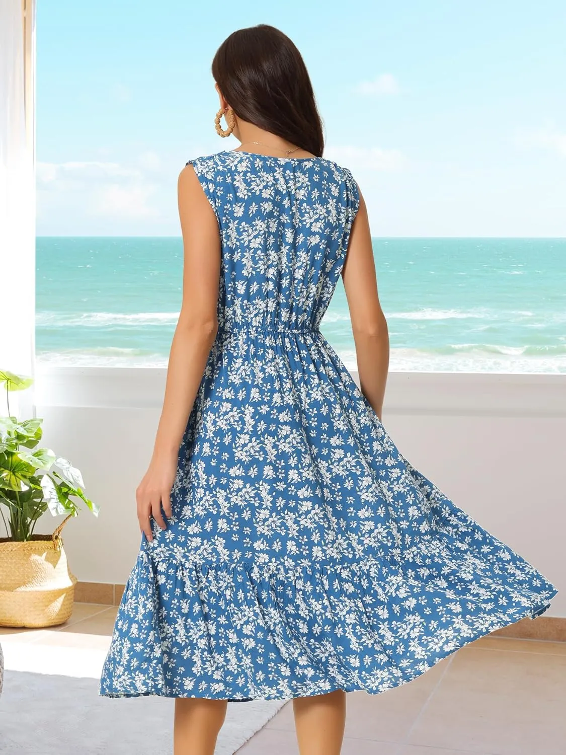 Seta T Women's Summer Dresses 2025 V Neck Sleeveless Sundress Beach Floral Flowy Midi Dress with Pockets