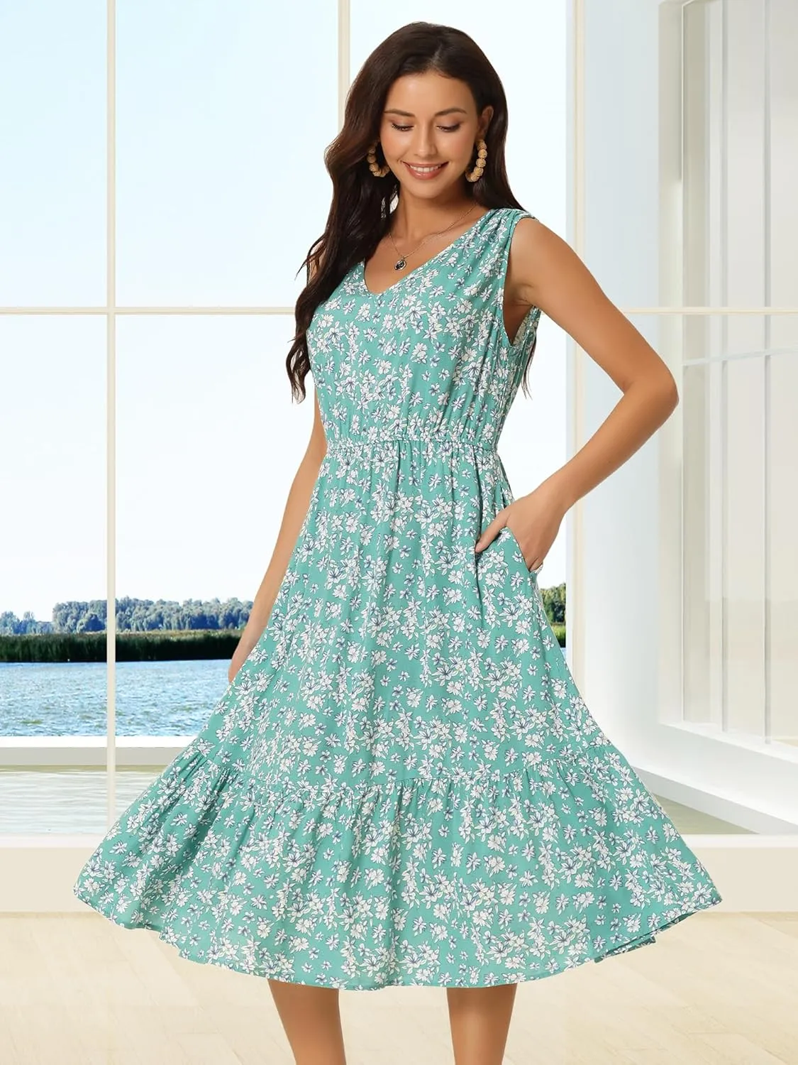 Seta T Women's Summer Dresses 2025 V Neck Sleeveless Sundress Beach Floral Flowy Midi Dress with Pockets