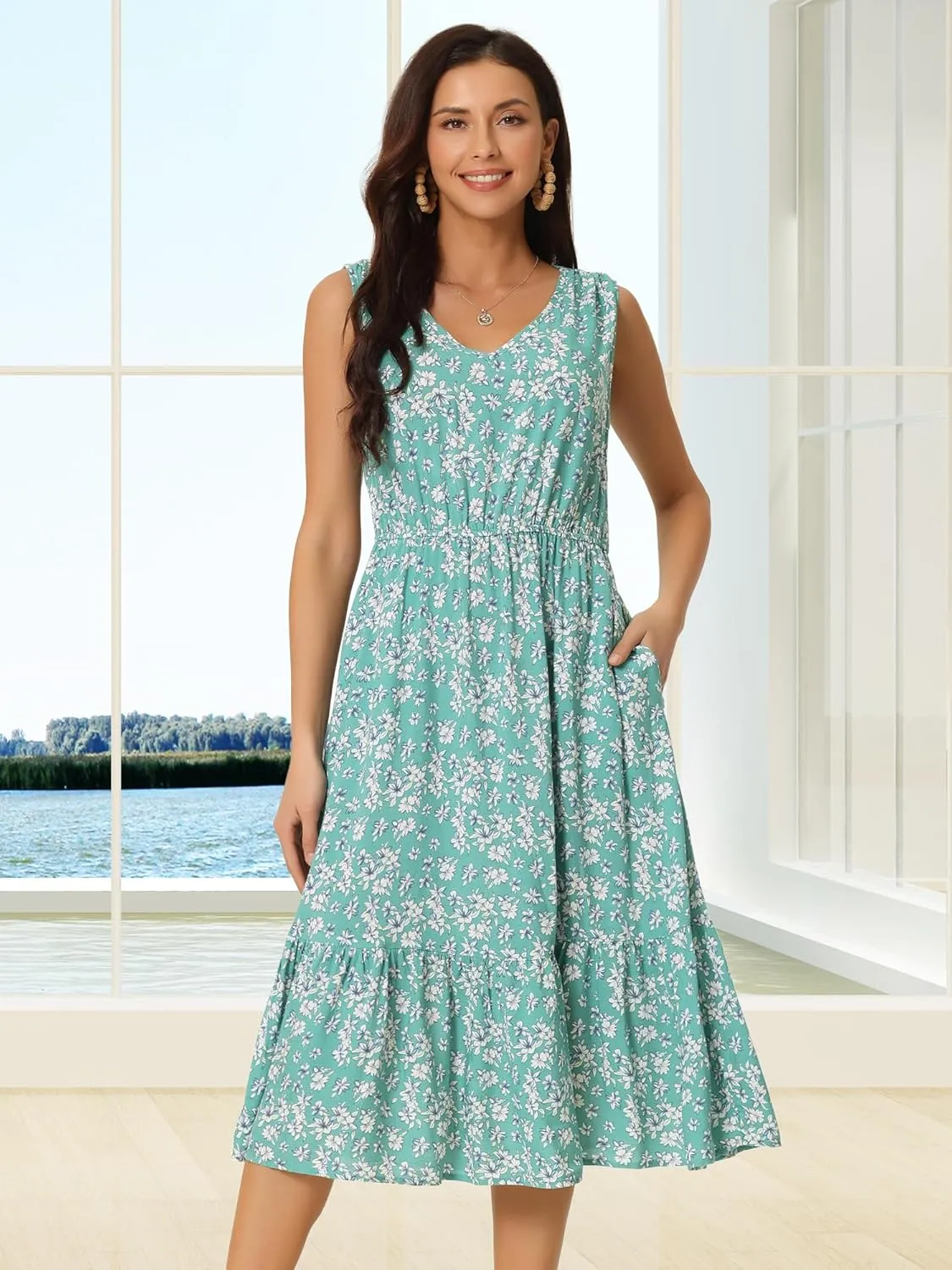 Seta T Women's Summer Dresses 2025 V Neck Sleeveless Sundress Beach Floral Flowy Midi Dress with Pockets