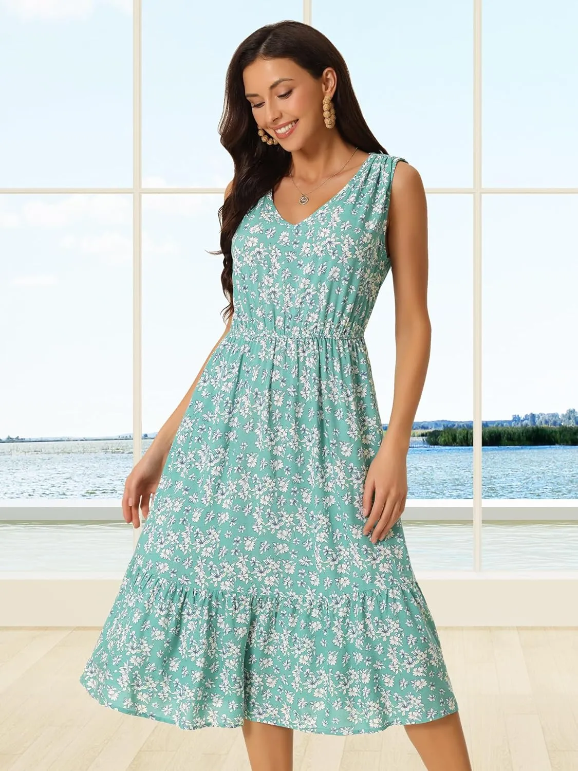 Seta T Women's Summer Dresses 2025 V Neck Sleeveless Sundress Beach Floral Flowy Midi Dress with Pockets