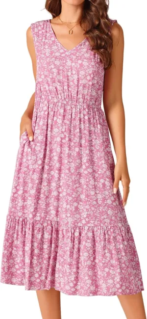 Seta T Women's Summer Dresses 2025 V Neck Sleeveless Sundress Beach Floral Flowy Midi Dress with Pockets