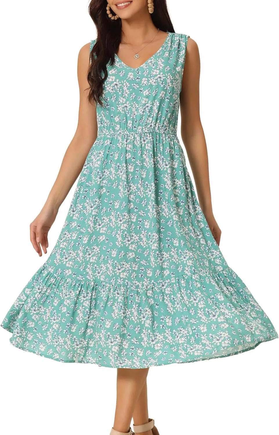 Seta T Women's Summer Dresses 2025 V Neck Sleeveless Sundress Beach Floral Flowy Midi Dress with Pockets