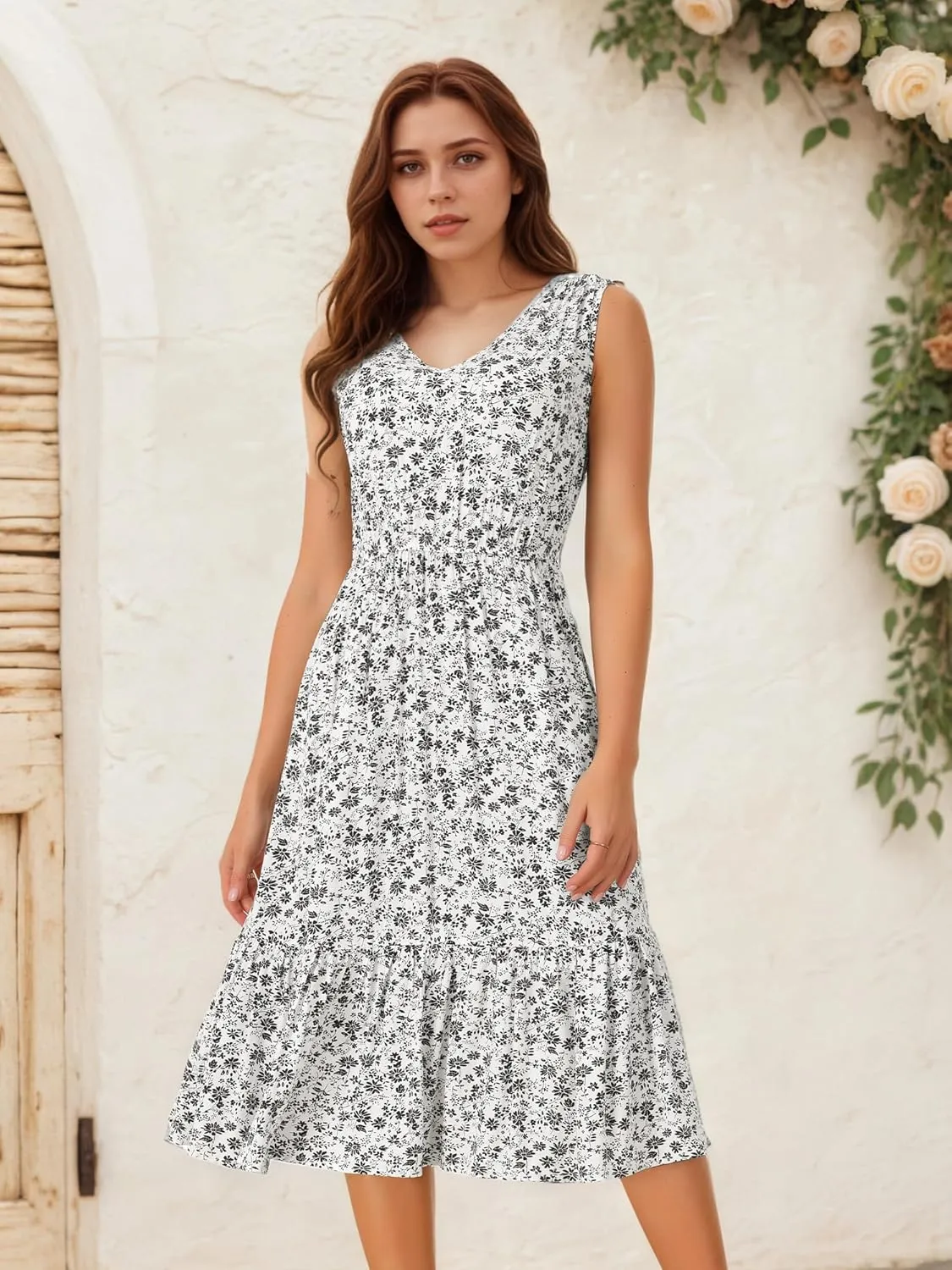 Seta T Women's Summer Dresses 2025 V Neck Sleeveless Sundress Beach Floral Flowy Midi Dress with Pockets