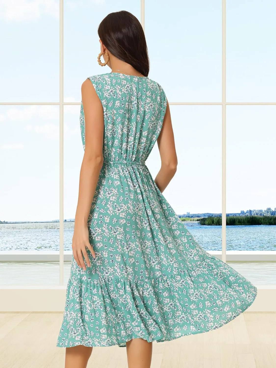 Seta T Women's Summer Dresses 2025 V Neck Sleeveless Sundress Beach Floral Flowy Midi Dress with Pockets