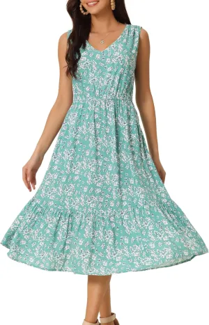 Seta T Women's Summer Dresses 2025 V Neck Sleeveless Sundress Beach Floral Flowy Midi Dress with Pockets