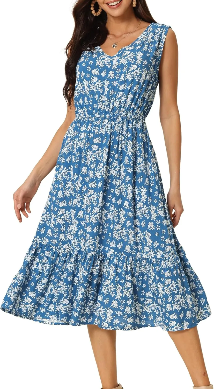 Seta T Women's Summer Dresses 2025 V Neck Sleeveless Sundress Beach Floral Flowy Midi Dress with Pockets