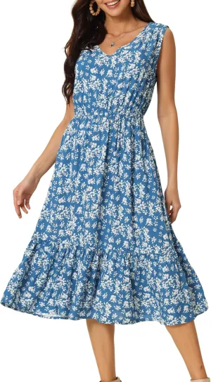 Seta T Women's Summer Dresses 2025 V Neck Sleeveless Sundress Beach Floral Flowy Midi Dress with Pockets