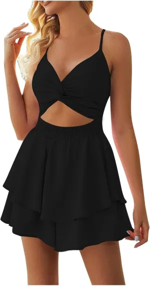 Sexy Dresses for Women V Neck Twist Front Double Layer Ruffle Hem Mini Jumpsuit Party Night Out Chic Dress Black