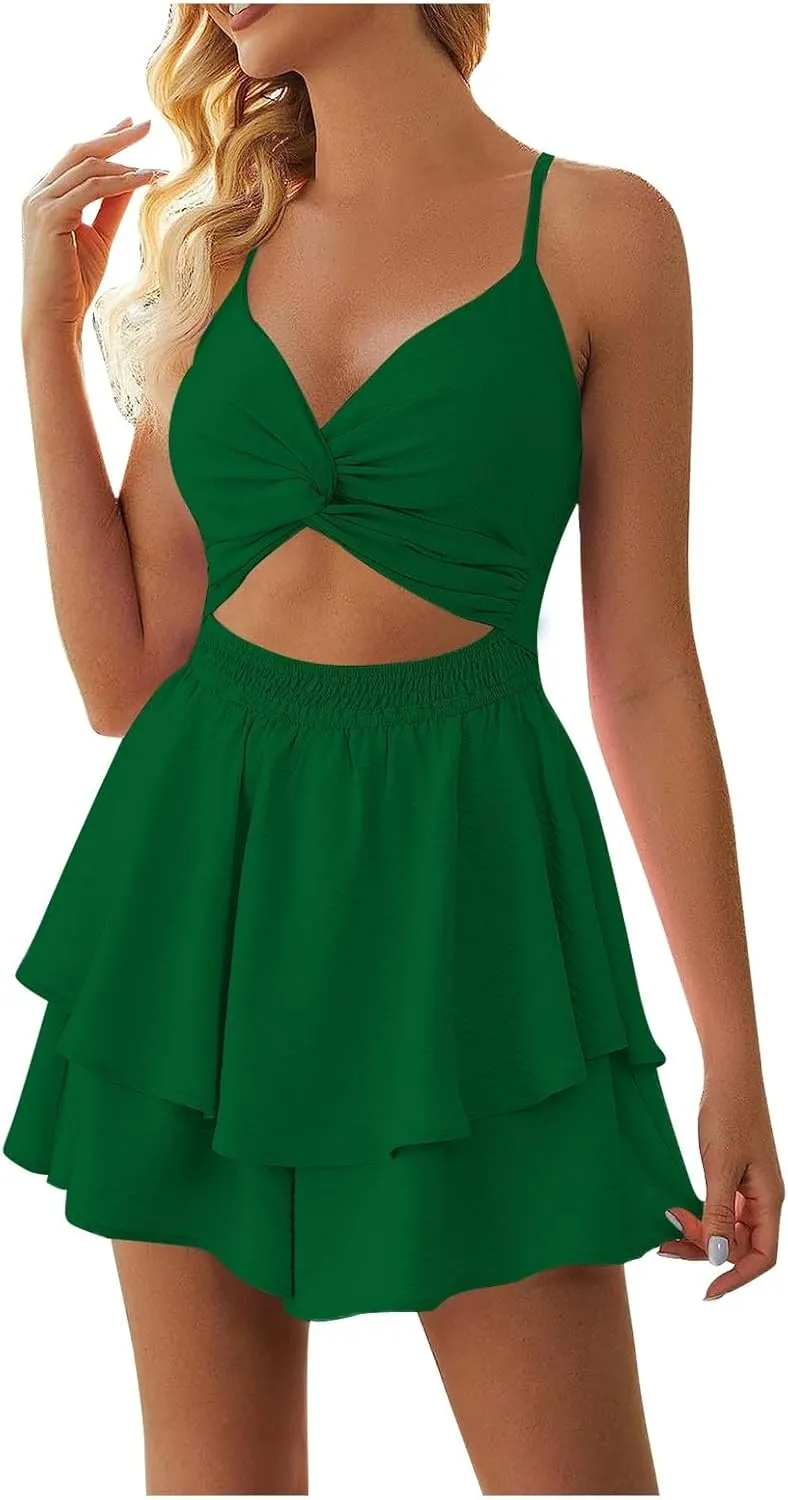 Sexy Dresses for Women V Neck Twist Front Double Layer Ruffle Hem Mini Jumpsuit Party Night Out Chic Dress Green