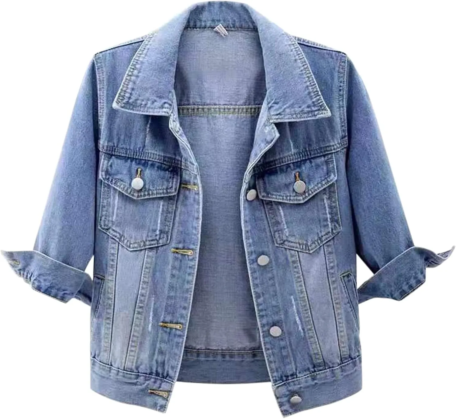 Short Sleeve Denim Jacket for Women Crop Jean Summer Stretch Slim Fit Jean Classic Casual Jackets
