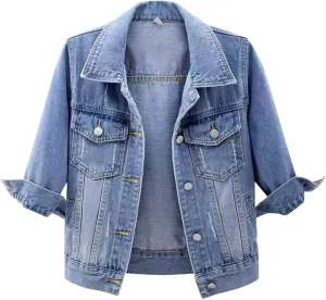 Short Sleeve Denim Jacket for Women Crop Jean Summer Stretch Slim Fit Jean Classic Casual Jackets