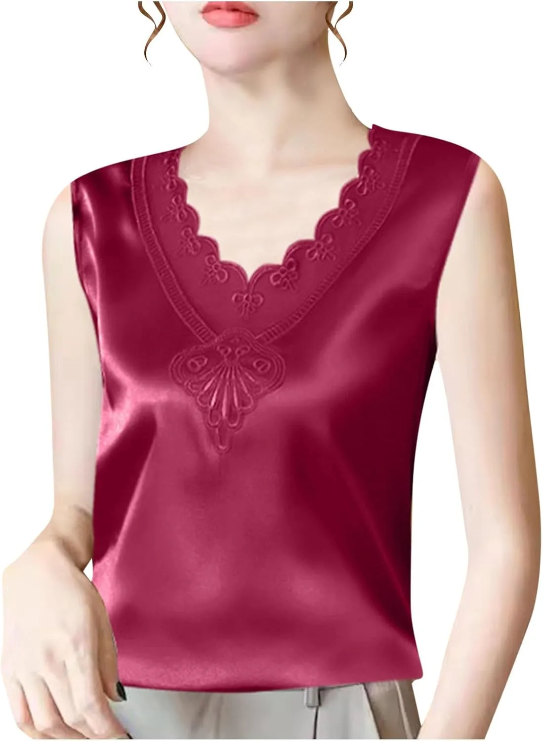 Silk Satin Tank Tops for Women Lace Floral V Neck Casual Sleeveless Blouses Summer Work Basic Tank Shirt