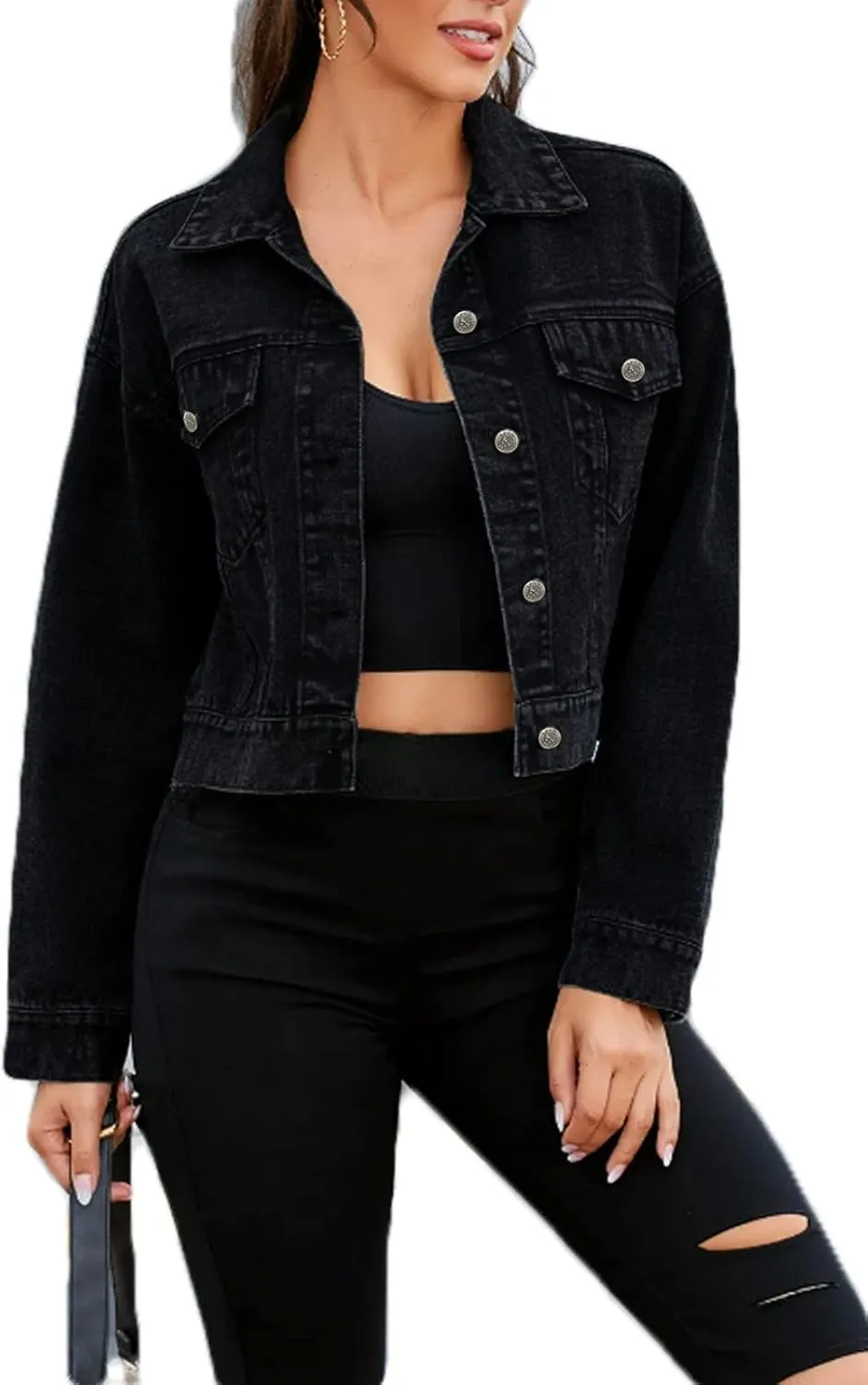 Skylinewears Women's Denim Classic Jackets Long Sleeve Soft Stretch Fit Versatile Button Down Crop Blue Jean Jacket