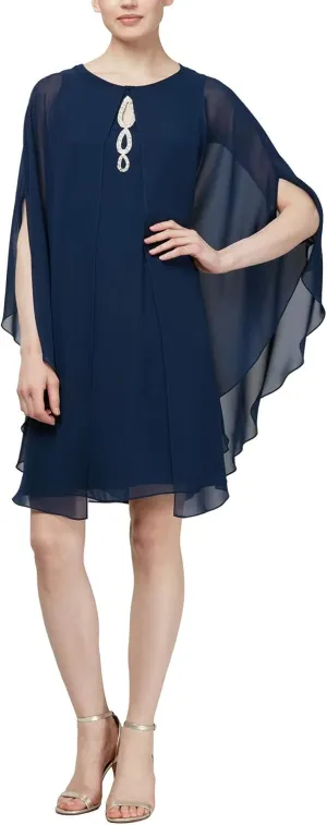 S.L. Fashions Women's Floral Foil Print Sheath Dress with Chiffon Capelet