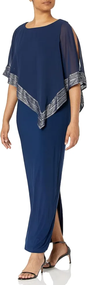 S.L. Fashions Women's Long Capelet Mother of The Bride Dress with Metallic Trim (Petite and Regular Sizes)