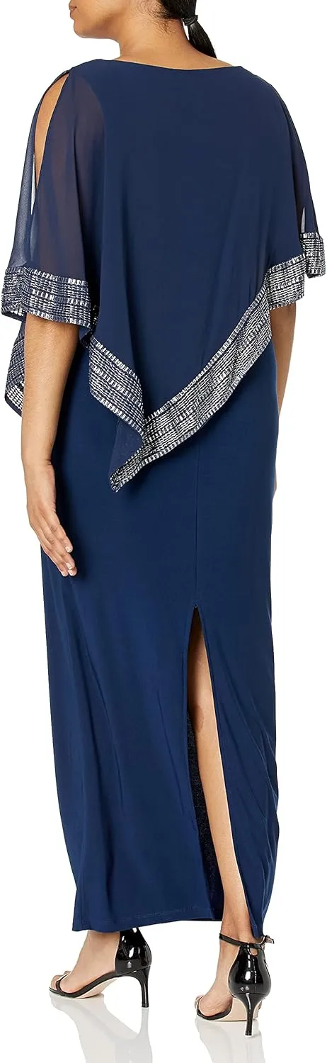 S.L. Fashions Women's Long Capelet Mother of The Bride Dress with Metallic Trim (Petite and Regular Sizes)