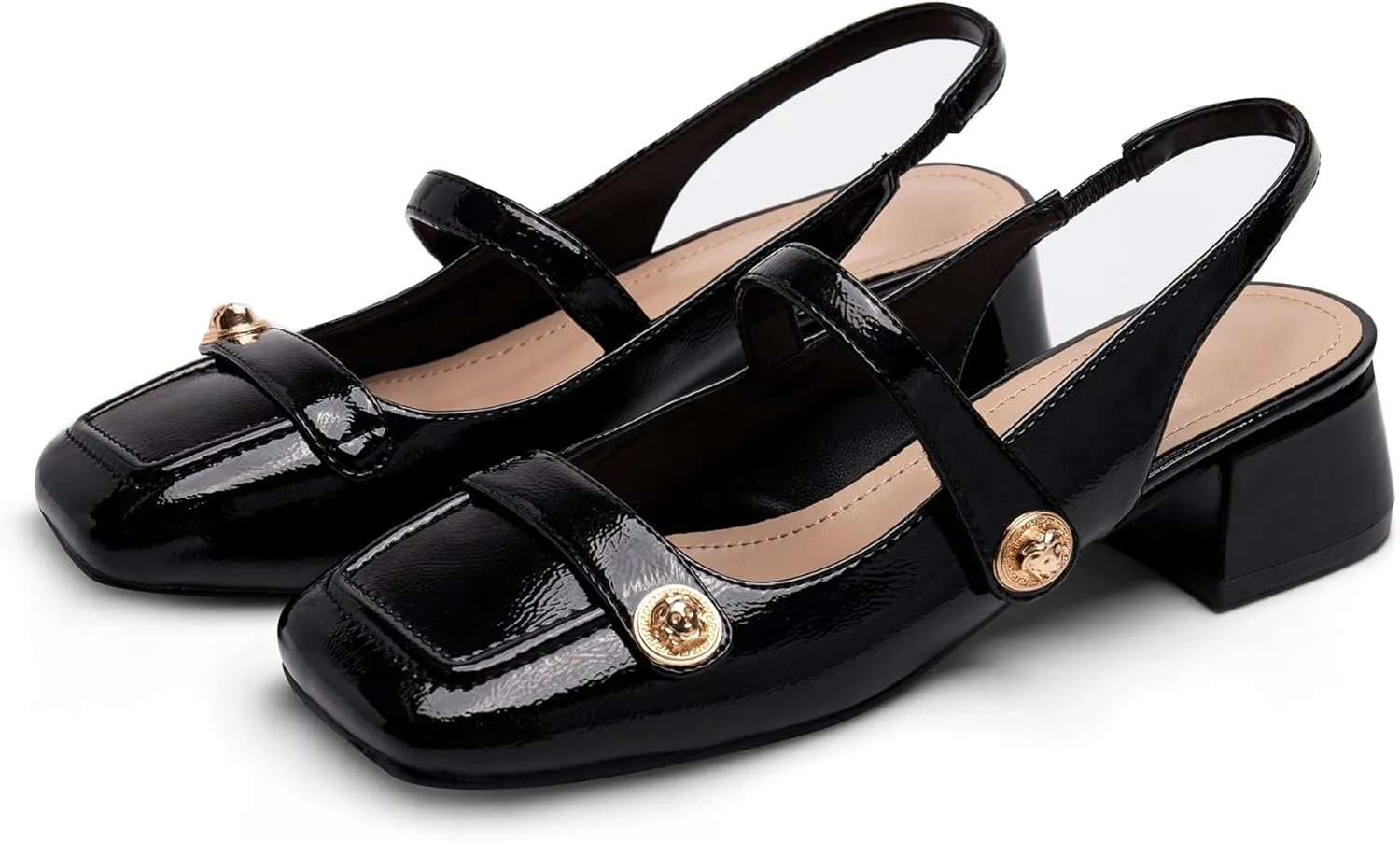 Slingback Mary Jane Heels for Women Low Block Heel Closed Square Toe Pump Shoes Heels Classic Daily Office Dressy Shoes